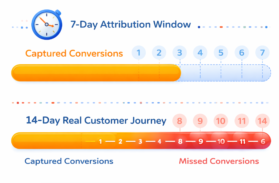 Comparison chart showing a 7-day attribution window capturing only part of a 14-day customer journey, illustrating missed conversions