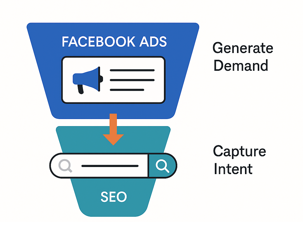Funnel diagram showing Facebook Ads generating demand at the top and SEO capturing intent at the bottom.